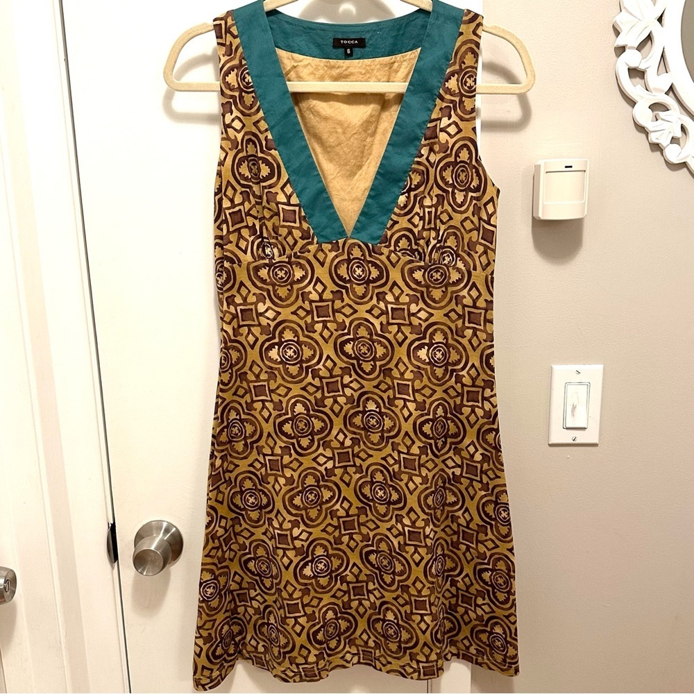 Tocca Abstract Geometric Sleeveless Mini Shift Dress 6 V-neck Cotton Brown Teal